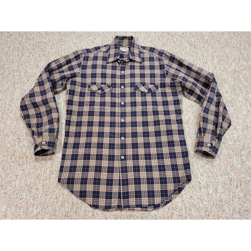 L.L.Bean Plaid Flannel Shirt Mens Medium Long Blue Tan Vintage USA Made Workwear